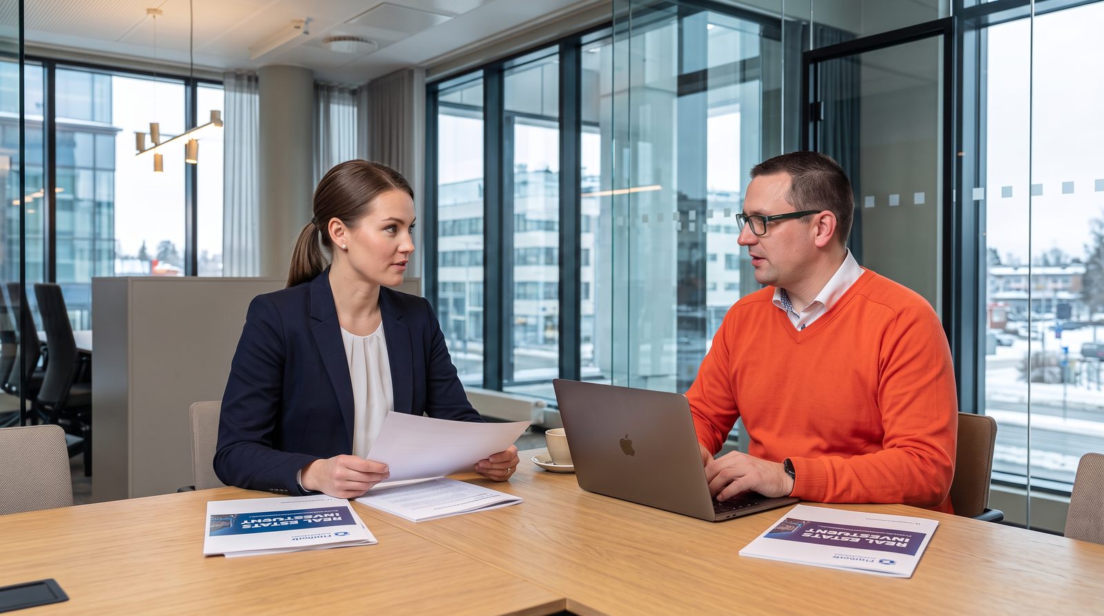 Konsta Rautiainen keskustelee sijoittajan kanssa neuvotteluhuoneessa